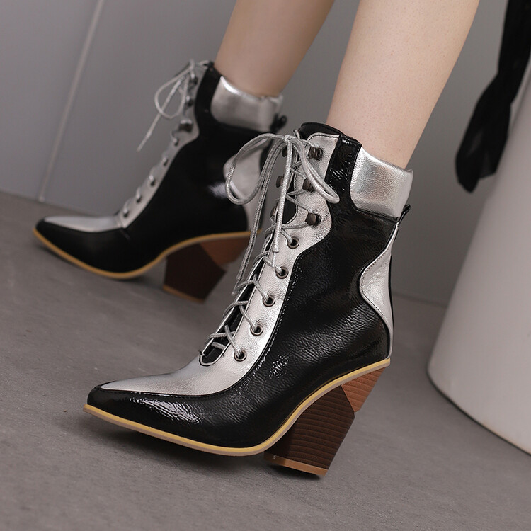 Women'S Fashion Edgy - Tweekleurige leren enkellaarzen met kleurblokken, veterdetail,
